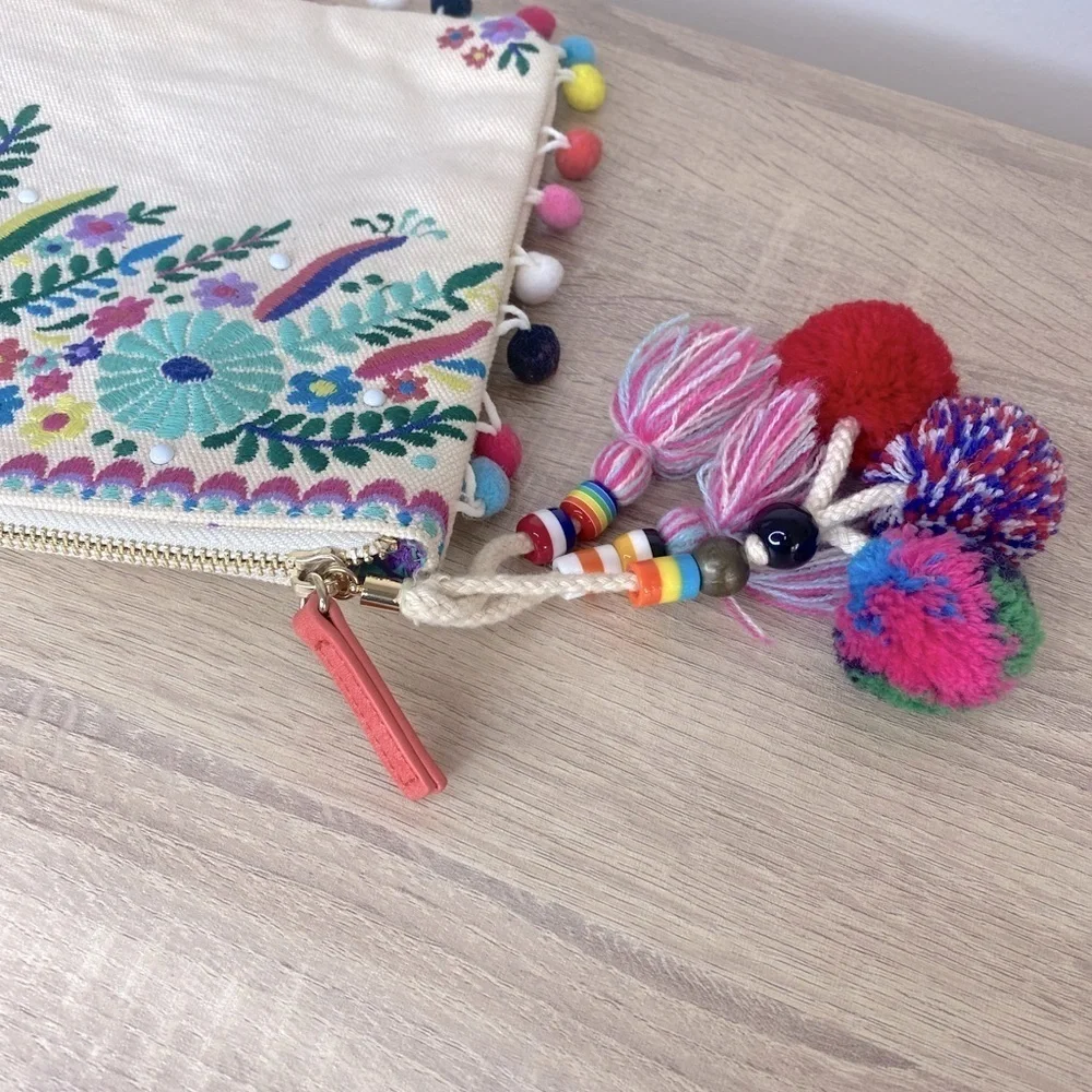 Steven By Steve Madden Jyme Colorful Embroidered Pom Pom Clutch Pouch Natural
